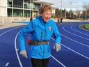 Gwen McFarlan, an 88-year-old marathon runner running in Richmond, BC, on April 3, 2023. 