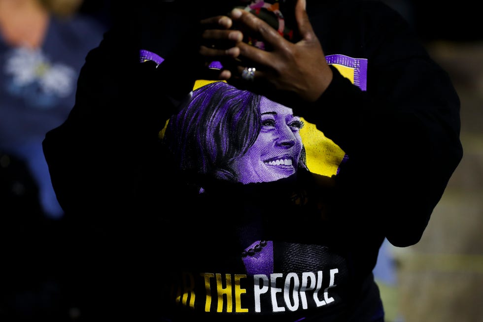 Cynthia Lopez of Grand Rapids is wearing a Kamala Harris T-shirt