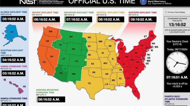 Colored map of US time zones in blue, orange, green, yellow and red.